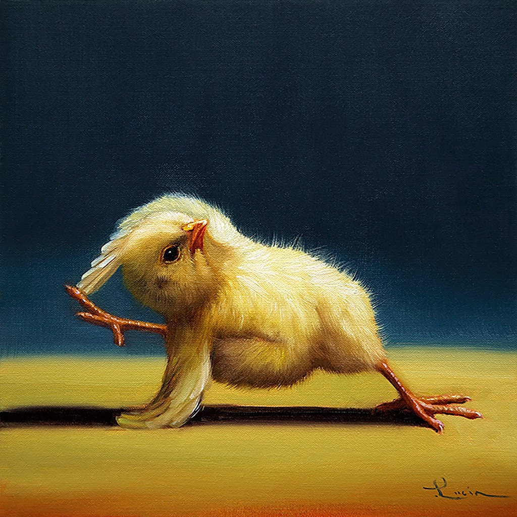 Lucia Heffernan, Yoga Chick Bind (Küken, Yoga, Antropomorphismus, Wunschgröße, Comic, witzig, lustig, komisch, Wohnzimmer, Treppenhaus, bunt)