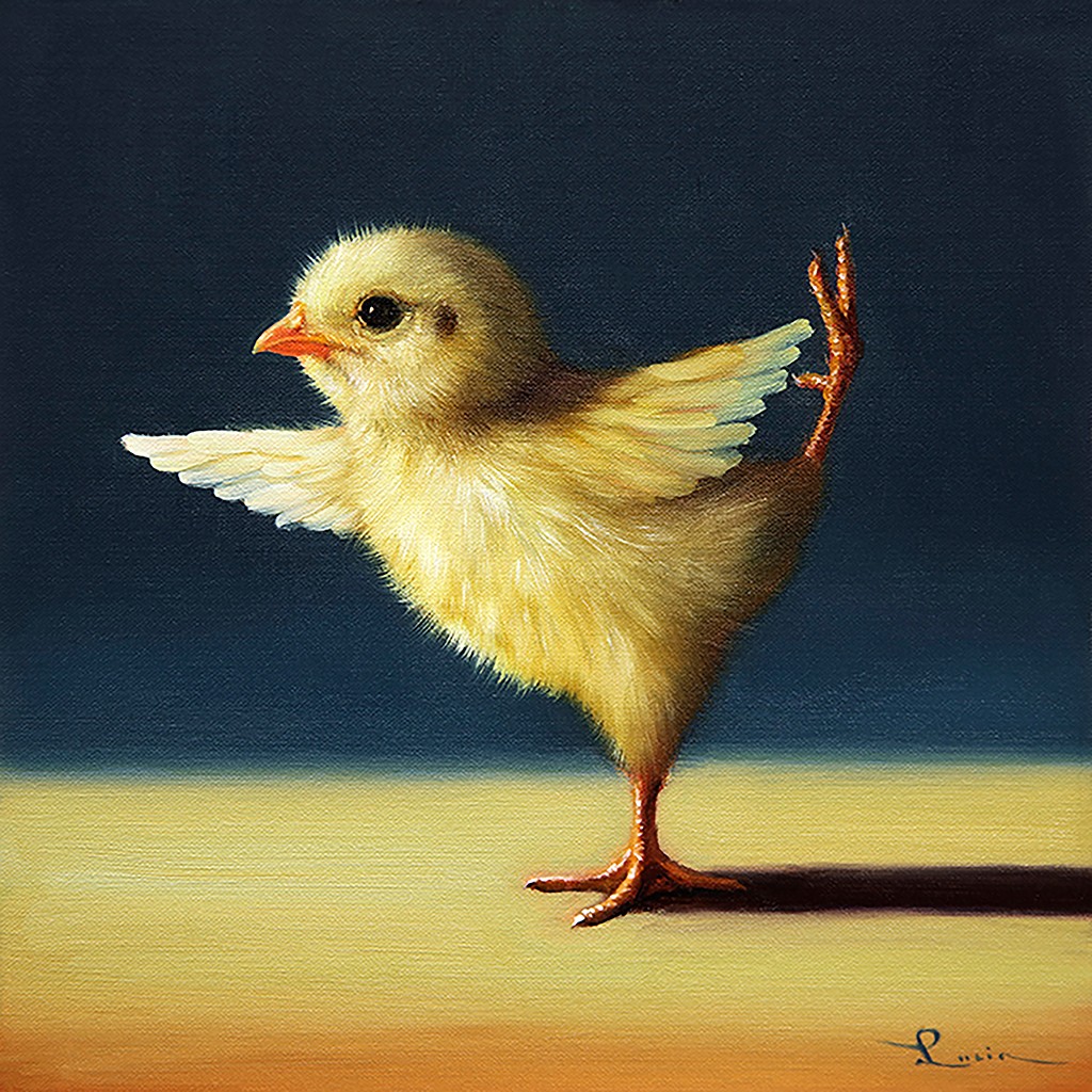 Lucia Heffernan, Yoga Chick Dance Pose (Küken, Yoga, Antropomorphismus, Wunschgröße, Comic, witzig, lustig, komisch, Wohnzimmer, Treppenhaus, bunt)