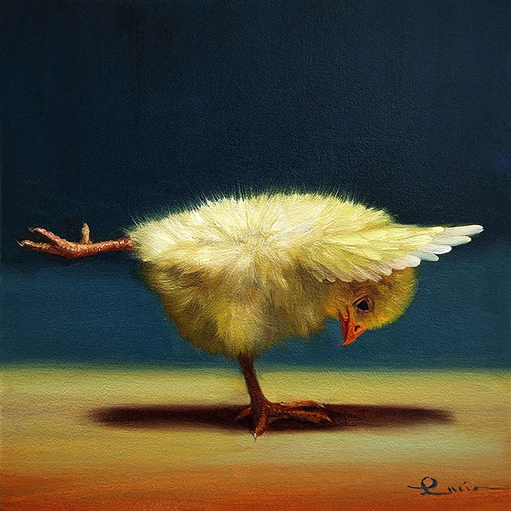 Lucia Heffernan, Yoga Chick Balancing Beam (Küken, Yoga, Antropomorphismus, Wunschgröße, Comic, witzig, lustig, komisch, Wohnzimmer, Treppenhaus, bunt)