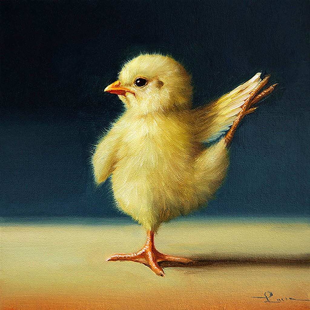 Lucia Heffernan, Yoga Chick Dancer II (Küken, Yoga, Antropomorphismus, Wunschgröße, Comic, witzig, lustig, komisch, Wohnzimmer, Treppenhaus, bunt)