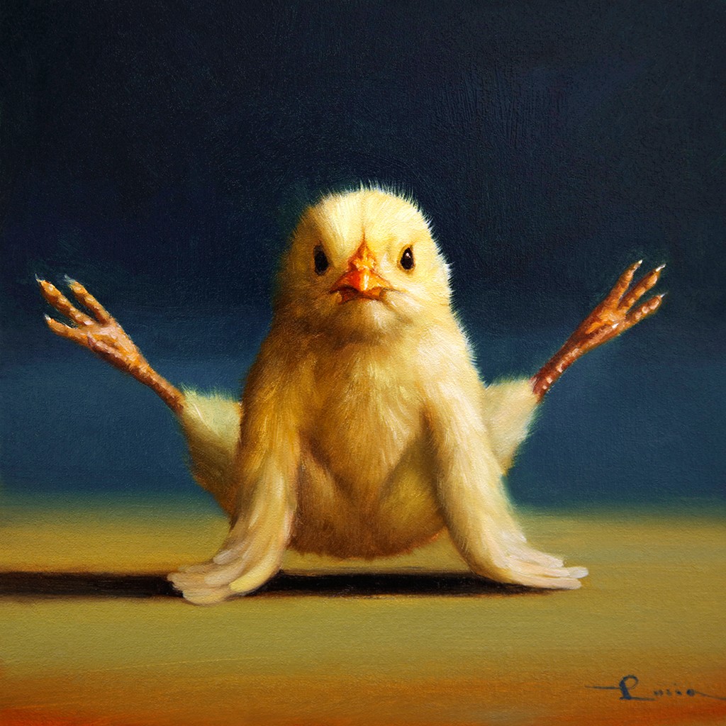 Lucia Heffernan, Yoga Chick Firefly (Küken, Yoga, Antropomorphismus, Wunschgröße, Comic, witzig, lustig, komisch, Wohnzimmer, Treppenhaus, bunt)