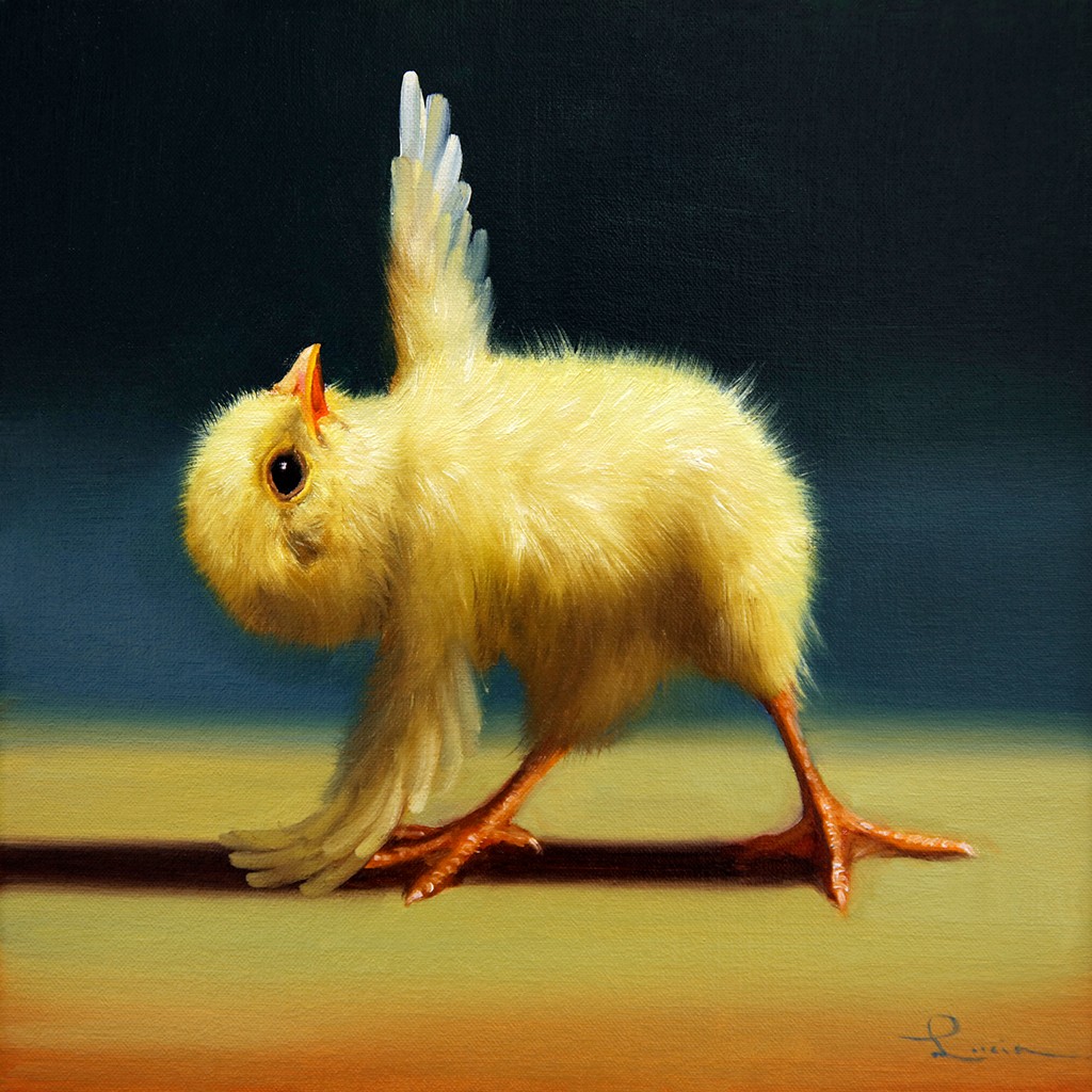 Lucia Heffernan, Yoga Chick Pyramide Pose (Küken, Yoga, Antropomorphismus, Wunschgröße, Comic, witzig, lustig, komisch, Wohnzimmer, Treppenhaus, bunt)