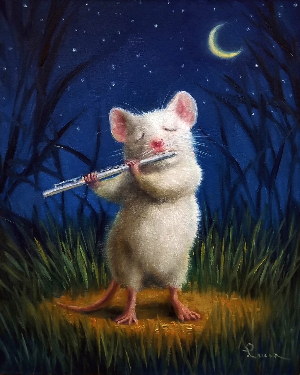 Lucia Heffernan, Moonlight Sonata (Nachtszene, weiße Maus, Sternenhimmel, Querflöte, Musik, Instrument, musizieren, Antropomorphismus, Wunschgröße, Comic, witzig, lustig, komisch, Wohnzimmer, Treppenhaus, Jugendzimmer, bunt)