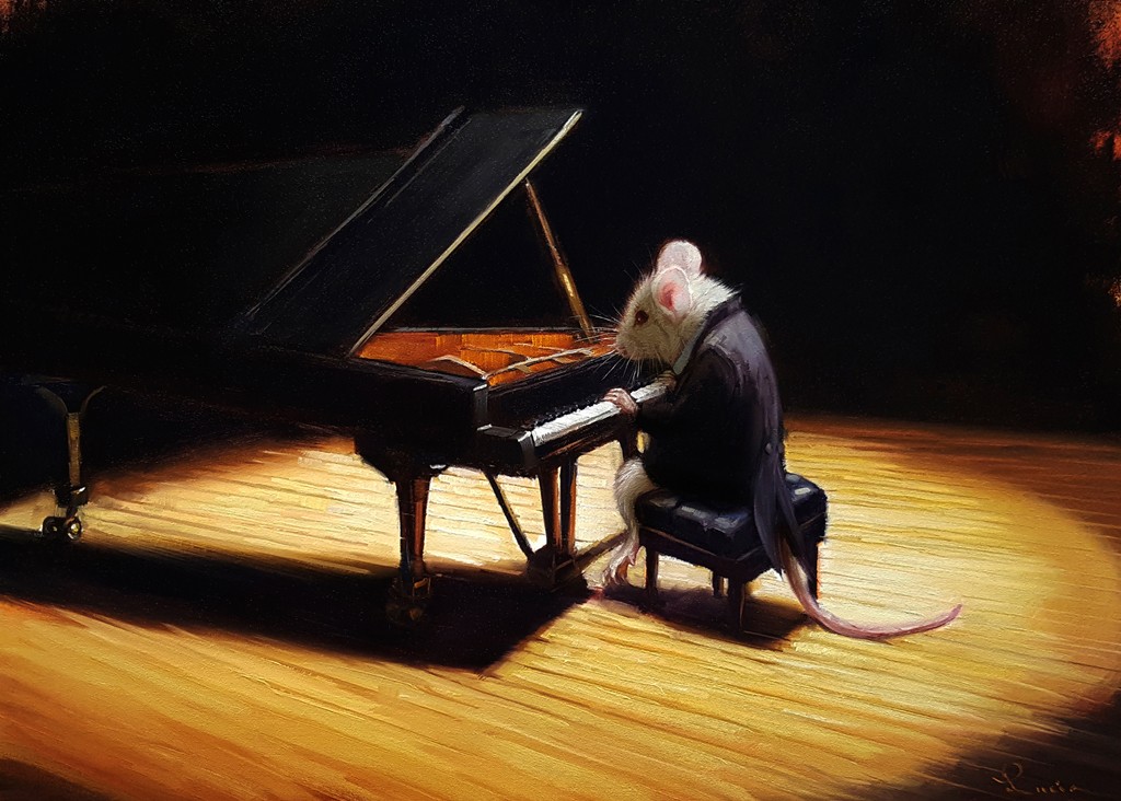 Lucia Heffernan, Little Pianist (Bühne, Flügel, Konzert, weiße Maus,  Musik, Instrument, musizieren, Antropomorphismus, Wunschgröße, Comic, witzig, lustig, komisch, Wohnzimmer, Treppenhaus, Jugendzimmer, bunt)