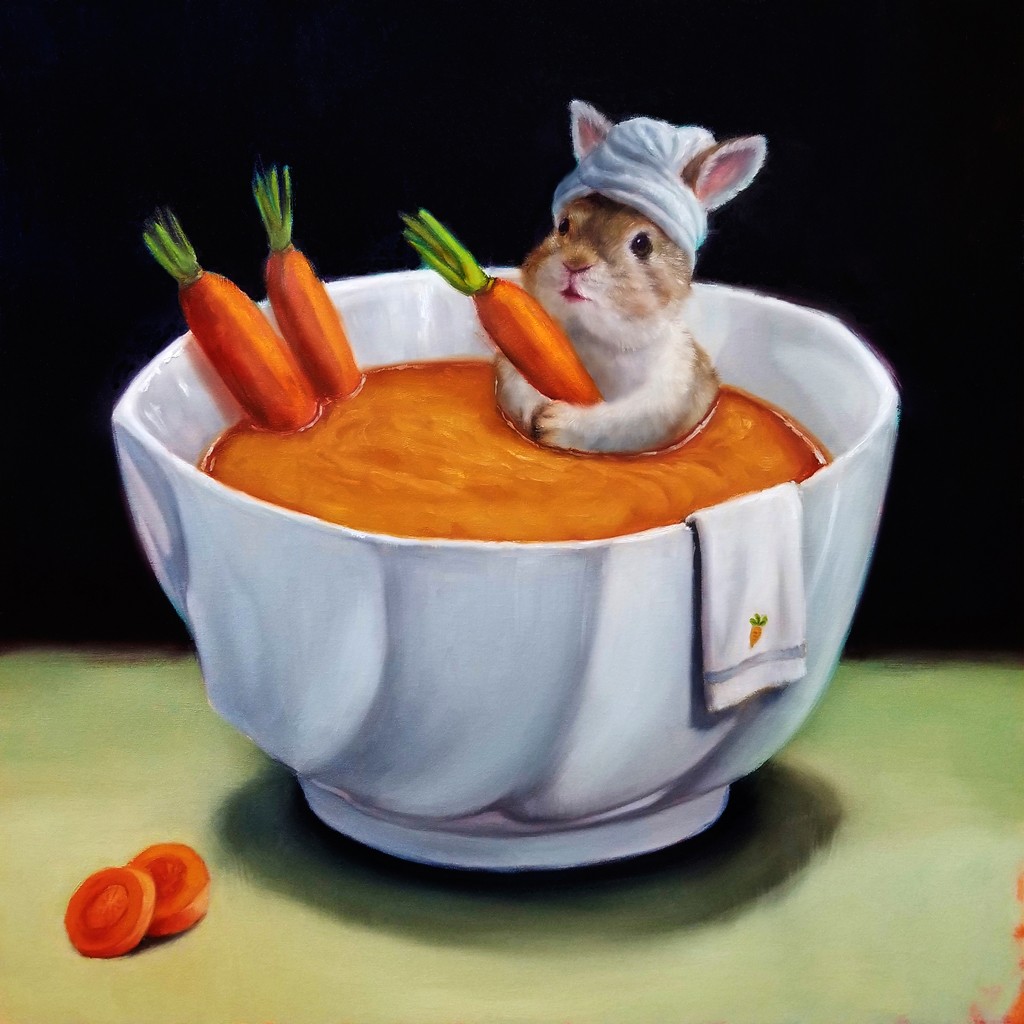 Lucia Heffernan, Carrot Spa (Suppentasse, Kaninchen, Bad, Karotten, Möhrensuppe, Antropomorphismus, Wunschgröße, Comic, witzig, lustig, komisch, Wohnzimmer, Treppenhaus, Esszimmer, Küche, bunt)