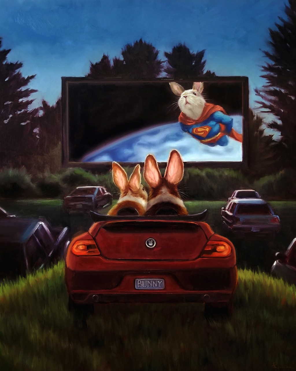 Lucia Heffernan, Movie Night (Autokini, Leinwand, Supermaus, Mäuse, Paar, Film, Kino, Antropomorphismus, Wunschgröße, Comic, witzig, lustig, komisch, Wohnzimmer, Treppenhaus, Jugendzimmer, bunt)