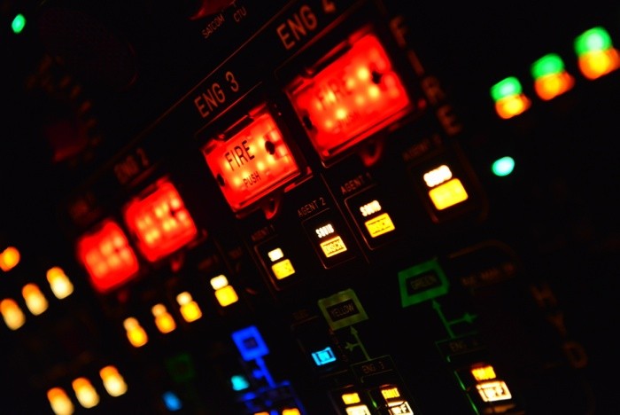 Hady Khandani, 20131024 074129 Airbus A340 engine fire pushbuttons (HADYPHOTO, Fotografie, Cockpit, Flugzeug, Armaturen, Nachtflug, Technik, Wunschgröße, bunt)