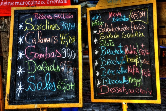 Hady Khandani, HDR - COLORFUL MENU - ESSAOUIRA - MOROCCO (HADYPHOTO, Fotografie, Tafeln, Preistafeln, Speisekarten, Küche, Gastronomie, Treppenhaus, Wunschgröße, bunt)