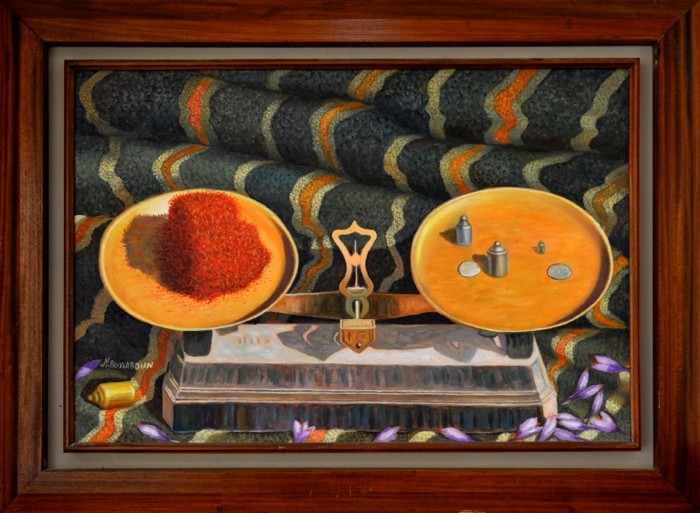 Hady Khandani, PAINTING - SAFFRON SCALE - MOROCCO (HADYPHOTO, Malerei, Gemälde, Waage, Waagschalen, Safran, Gewichte, Marokko, Gewürze, Gastronomie, Küche, Wunschgröße, bunt)