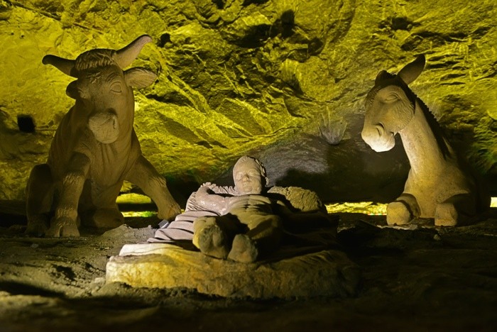 Hady Khandani, THE CRIP - SALT CATHEDRAL ZIPAQUIRA - COLOMBIA (HADYPHOTO, Fotografie, Grotte, Salzkathedrale, Salzbergwerk, Kirche, Kolumbien, Skulpturen, Krippe, Ochse, Esel, Religion, Beleuchtung, Sehenswürdigkeit, Wunschgröße, Wohnzimmer, Treppenhaus, gelb)