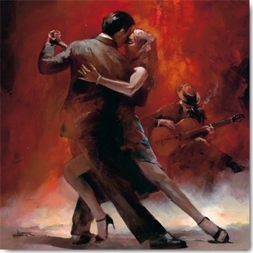 Willem Haenraets, Tango Argentino II (Wunschgröße, Malerei, Figural, People & Eros, Gastronomie, Musiker, Tänzer, Tango, Tanz, Gitarrenspieler, Modern, Wohnzimmer, Tanzschule, bunt)