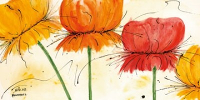 Sylvia Haigermoser, Blumen Fantasie I (Blumen, Blüten, abstrahiert, modern, zeitgenössisch, Treppenhaus, Wohnzimmer, Arztpraxis, leuchtend, bunt)