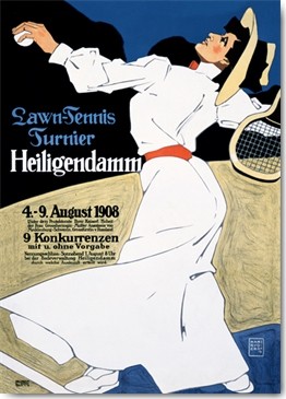 Hans Rudi Erdt, Lawn-Tennis Turnier (Wunschgröße, Plakatkunst, Tennis, Tennisturnier, Tennisspielerin, Nostalgie, Retro, Jugendstil, Heiligendamm, Werbung, Treppenhaus, bunt)