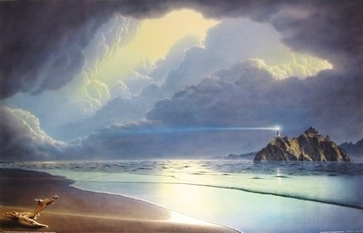 Hans-Werner Sahm, Vor dem Sturm (2001) (Phantastische Kunst, Strand, Meer, Unwetter, Wolken, bedrohlich, Traumwelt, Surreal, Wohnzimmer, Jugendzimmer, zeitgenössisch, bunt)