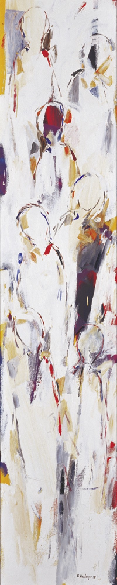 Karin R. Haslinger, Stele Weiß, 1998 (Zeitgenössisch, Modern, Abstrakt, Malerei, figurativ, Menschen, Personen, Wohnzimmer, Treppenhaus, weiß)