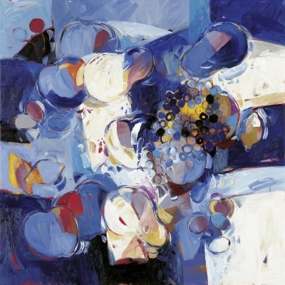 Karin R. Haslinger, Stillleben II (Zeitgenössisch, Modern, Abstrakt, Malerei,Früchte, Kopf, Frau, Farbfelder, blau)