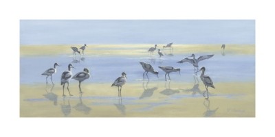 Margaret Hastings, Low Tide II (Malerei, Realismus, Meeresbrise, Meer, Strand, Natur, Vögel, Strandläufer)