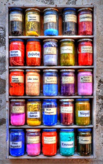 Hady Khandani, HDR - COLOURS OF ESSAOUIRA - MOROCCO 01 (HADYPHOTO, Fotografie, Regal, Farben, Gläser, Farbpulver, Treppenhaus, Marokko, Wunschgröße, bunt)