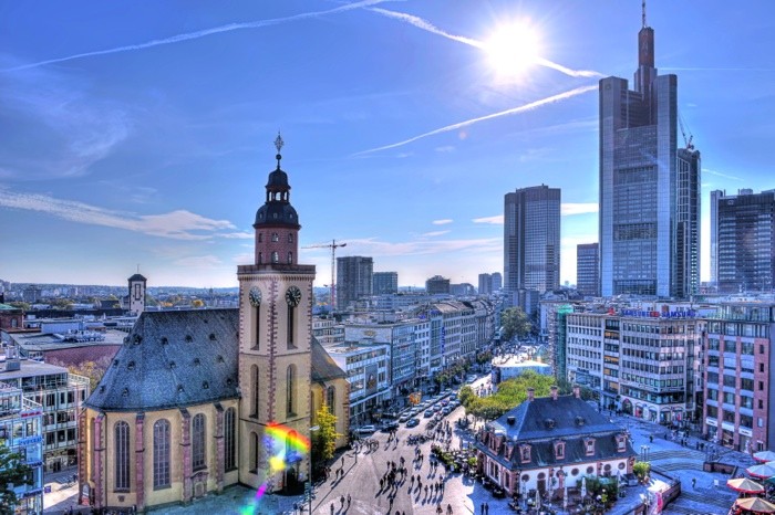 Hady Khandani, HDR - FRANKFURT MAIN - ROSSMARKT AND HAUPTWACHE - GERMANY 1 (HADYPHOTO, Fotokunst, Städte, Metropole, Deutschland, Hessen, Innenstadt,Kirche, Markt, Platz, St. Katharinenkirche, Vogelperspektive, Luftbild, Wunschgröße, Wohnzimmer, bunt)