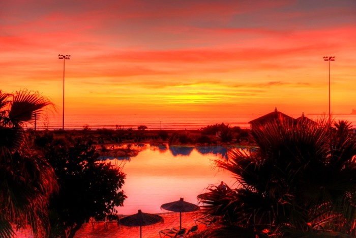 Hady Khandani, HDR - SUNSET OVER AGADIR BEACH CLUB - MOROCCO 3 (HADYPHOTO, Fotografie, Landschaft, Strand, Sonnenuntergang, Afrika, Marokko, Wohnzimmer, Treppenhaus, Wunschgröße, bunt)
