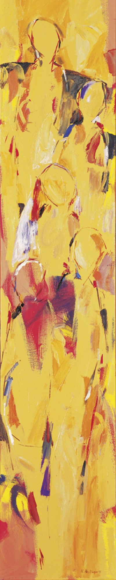 Karin R. Haslinger, Stele Orange, 1997 (Zeitgenössisch, Modern, Abstrakt, Malerei, figurativ, Menschen, Personen, Wohnzimmer, Treppenhaus, gelb)