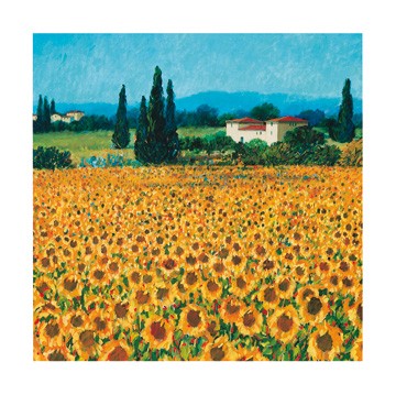 Hazel Barker, Farm near Siena (Landschaft, Sonnenblumen, Blumenfeld, Blüten, Sommer, Toskana, Italien, mediterran, Wohnzimmer, Treppenhaus, Malerei, bunt)