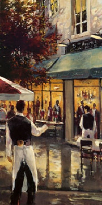 Brent Heighton, 5th Ave Cafe (Modern, Malerei, Stadt, Cafe, Straßencafe, Kellner, Abendszene, romantisch, Lichteffekte)