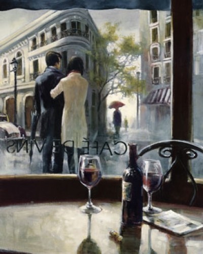 Brent Heighton, After the rain (Modern, Malerei, Stadt, Cafe, Paar, Regen, romantisch,Wein, Weingläser, Lichteffekte)