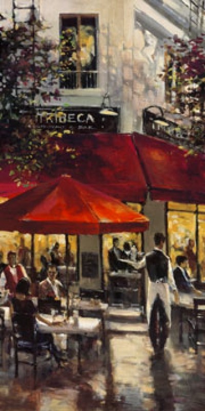 Brent Heighton, Tribeca Bar (Modern, Malerei, Stadt, Bar, Straßencafe,  Kellner, Abendszene, romantisch, Lichteffekte)