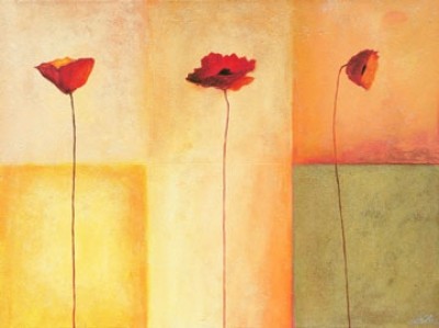 Erika Heinemann, Dreierlei Mohn II (Mohn, Blüten, Blumen, filigran, Malerei, Farbfelder, geometrische Formen, modern, dekorativ, Treppenhaus, Arztpraxis, Wohnzimmer, bunt)