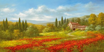 Heinz Schölnhammer, Tuscan Beauty II (Landschaft, Italien, Toskana, Bäume, Wiese, Haus, Mohnblumen, Mohnfeld, Naturalismus, Wohnzimmer, Treppenhaus, Malerei, bunt)