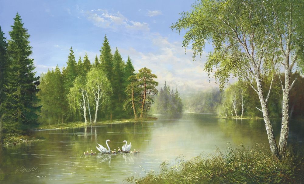 Helmut Glassl, Beautiful Lake (Malerei, Landschaften, Natur, Wald, Seelandschaft, Schwäne, Birken, Idylle, Ruhe, Bäume, Wohnzimmer, Treppenhaus, bunt)