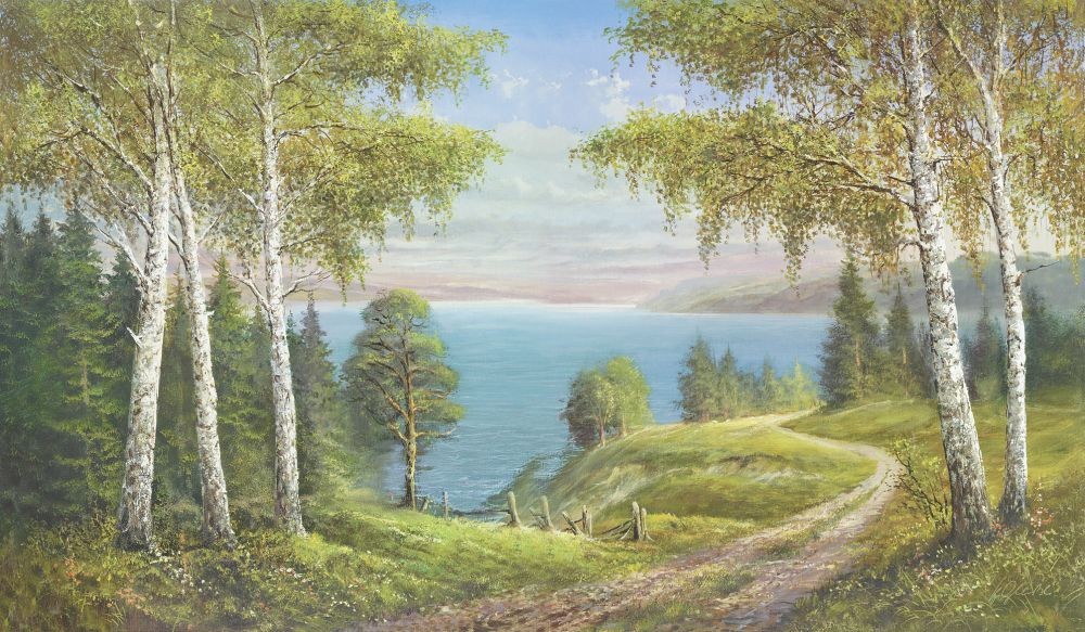 Helmut Glassl, BIRCHES AT THE LAKE I (Malerei, Landschaften, Natur, Hügel, Seelandschaft, See, Birken, Wanderweg, Einsamkeit, Idylle, Ruhe, Bäume, Wohnzimmer, Treppenhaus, bunt)