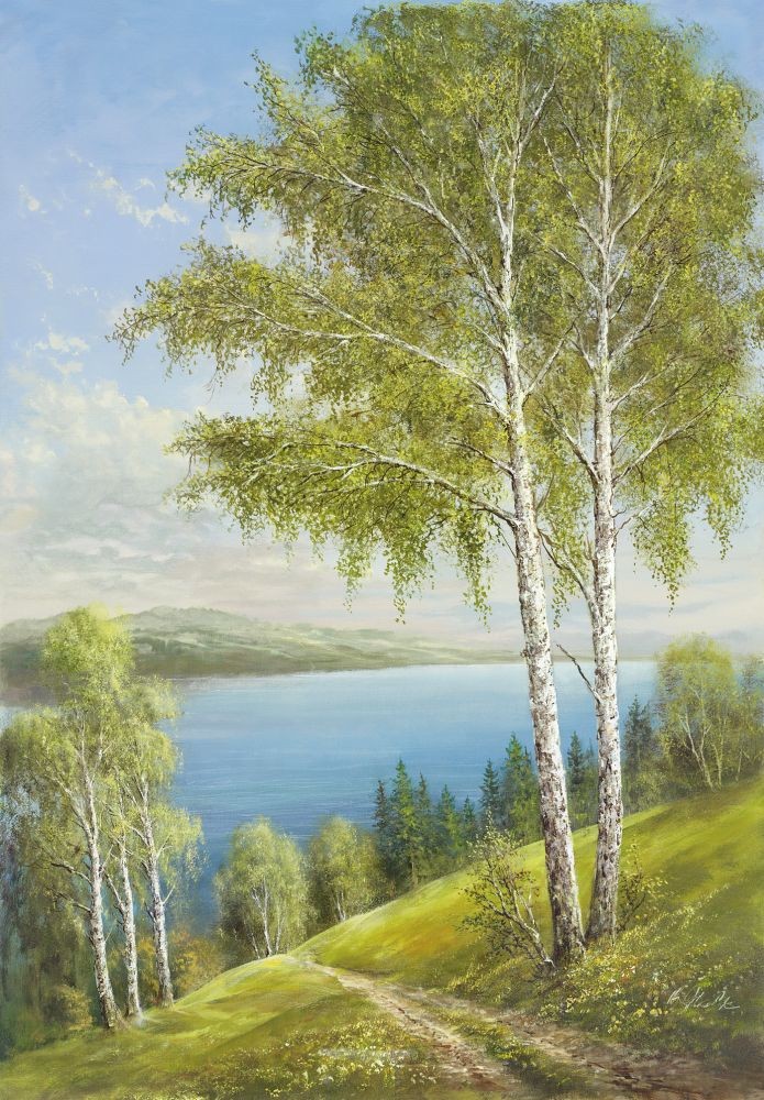 Helmut Glassl, BIRCHES AT THE LAKE II (Malerei, Landschaften, Natur, Berge, Hügel, Seelandschaft, See, Wanderweg, Birken, Idylle, Ruhe, Bäume, Wohnzimmer, Treppenhaus, bunt)