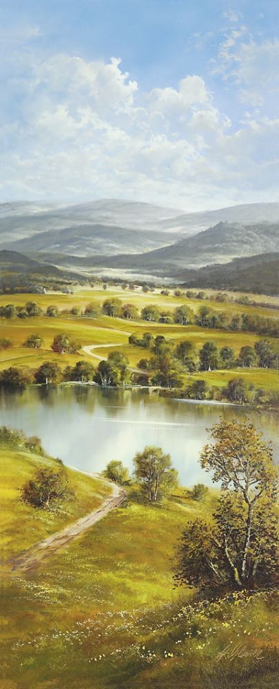 Helmut Glassl, BOHEMIA RIVER (Malerei, Landschaften, Natur, Hügel, Flusslandschaft, Wanderweg, Einsamkeit, Idylle, Ruhe, Bäume, Wohnzimmer, Treppenhaus, bunt)