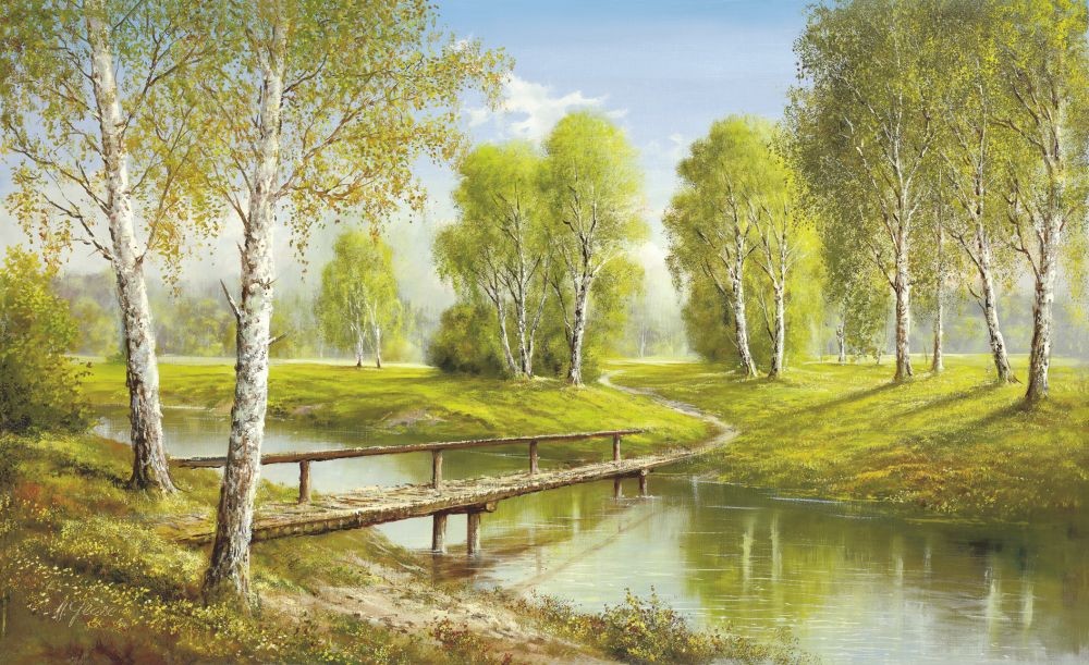 Helmut Glassl, BRIDGE INTO PARADISE (Malerei, Landschaften, Natur, Wald, Brücke,  Birken, Seelandschaft, See, Idylle, Ruhe, Bäume, Wohnzimmer, Treppenhaus, Schlafzimmer, bunt)