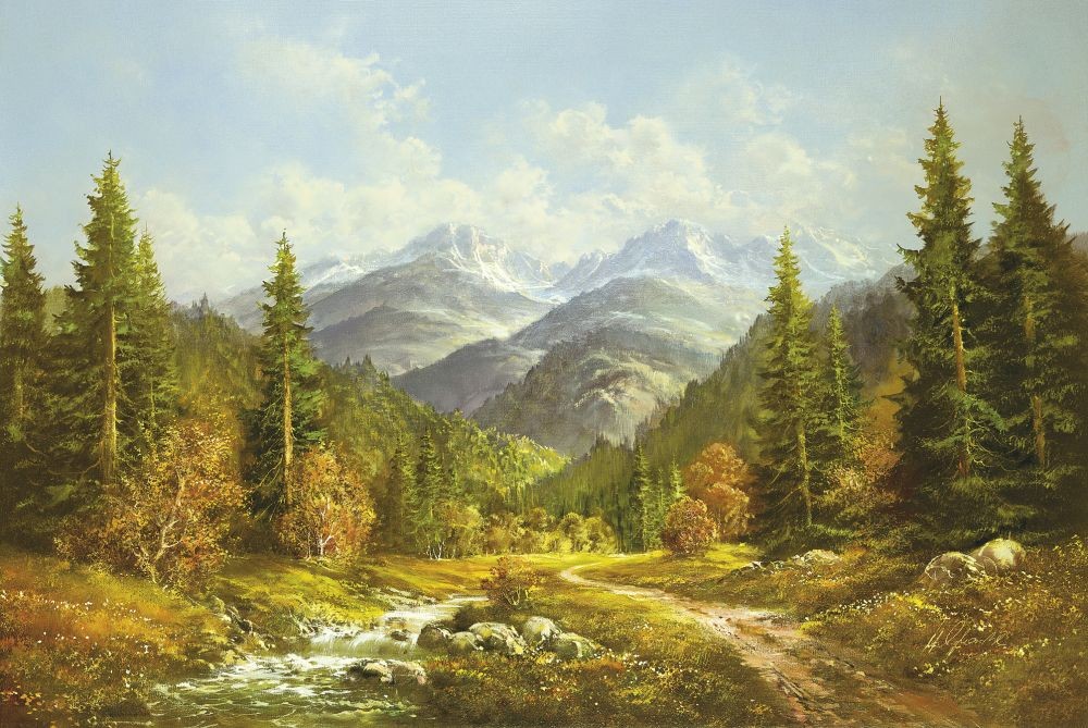 Helmut Glassl, BROOK IN THE MOUNTAINS (Malerei, Landschaften, Natur, Berge, Bergbach, Hügel, Wanderweg, Bäume, Einsamkeit, Idylle, Schlafzimmer, Wohnzimmer, bunt)