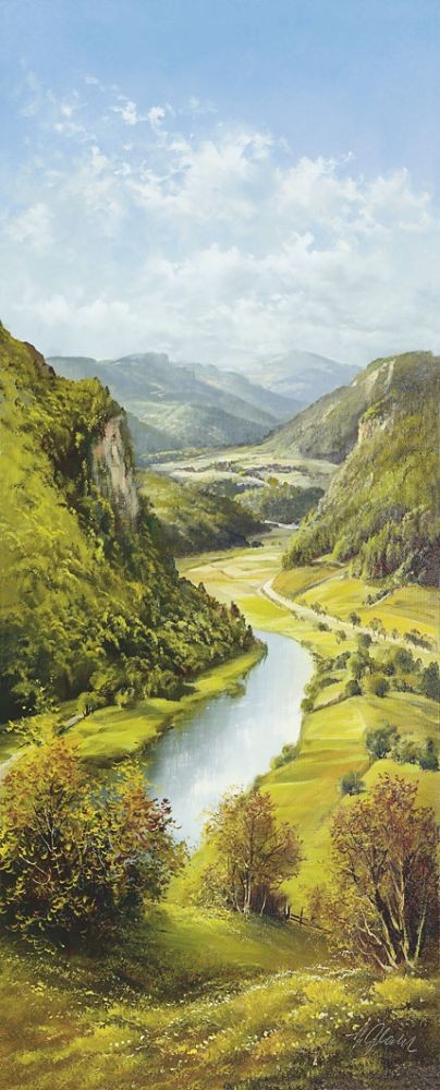 Helmut Glassl, CARPATHIAN RIVER SCENE II (Malerei, Landschaften, Natur, Hügel, Gebirge, Karpaten, Flusslandschaft, Idylle, Ruhe, Wanderweg,  Wohnzimmer, Treppenhaus, bunt)