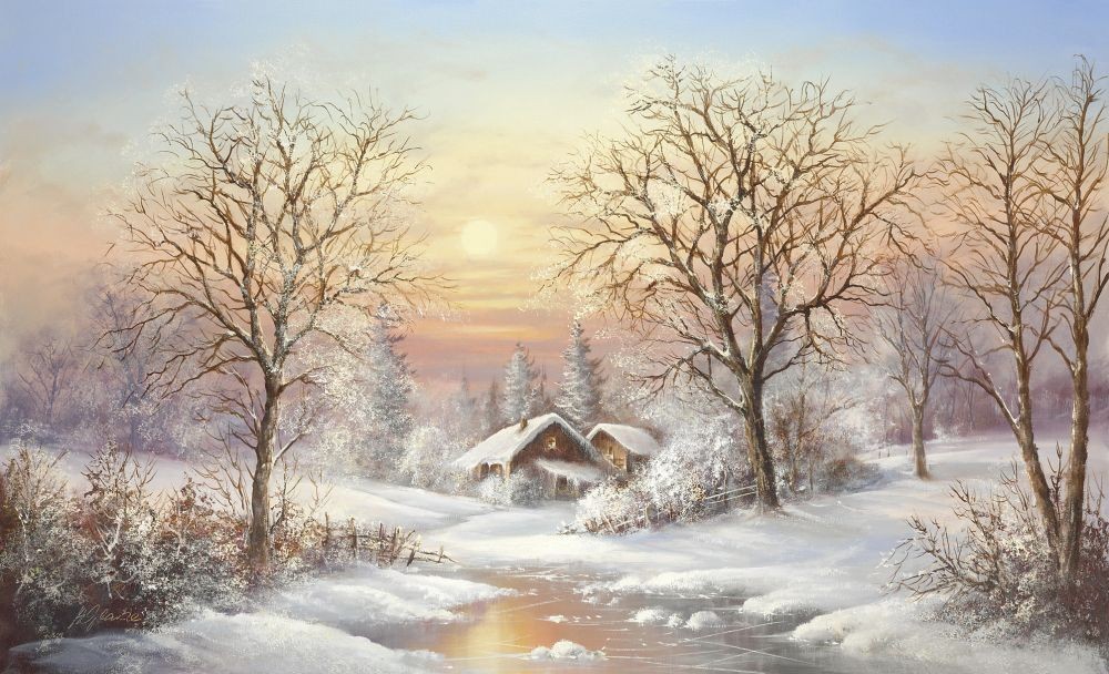 Helmut Glassl, COSY WINTER (Malerei, Landschaften, Natur, Winter, Schnee, fluss, Kälte, Bauernhof, Abgeschiedenheit, Sonnenaufgang, romantisch, Idylle, Ruhe, Bäume, Einsamkeit, Wohnzimmer, Treppenhaus, bunt)