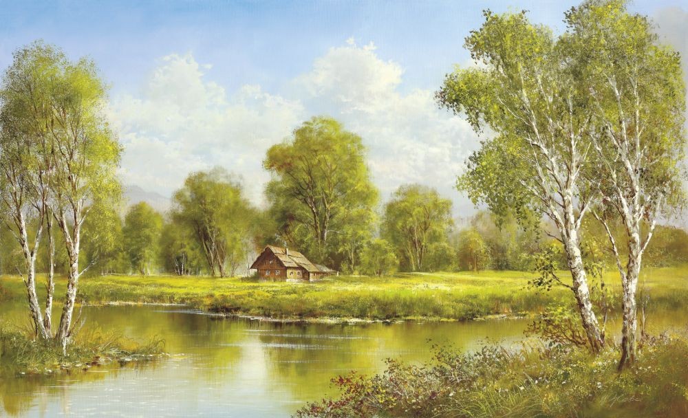 Helmut Glassl, COTTAGE AT THE LAKE (Malerei, Landschaften, Natur, Hütte, Scheune, Birken, Seelandschaft, See, Idylle, Ruhe, Bäume, Wohnzimmer, Treppenhaus, Schlafzimmer, bunt)