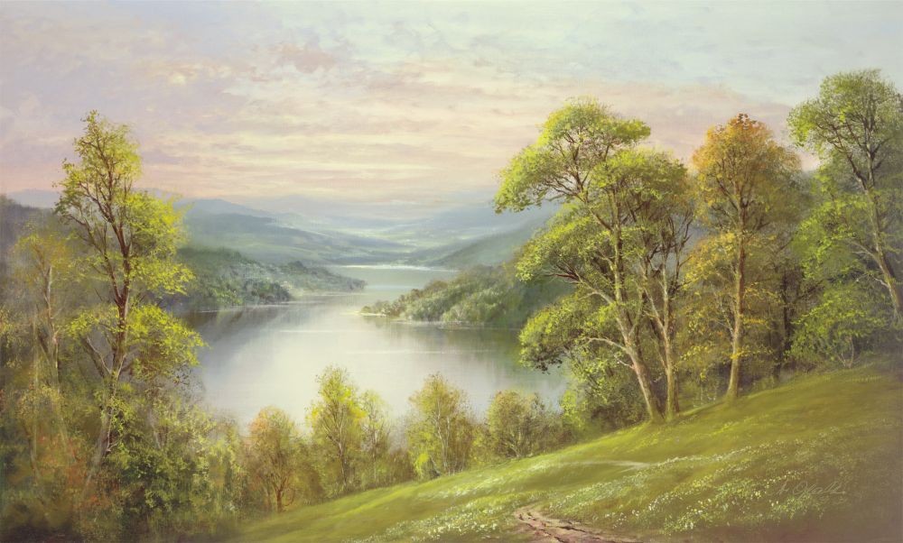 Helmut Glassl, DISTANT VIEW (Malerei, Landschaften, Natur, Hügel, Berge, Seelandschaft, See, Wanderweg, Einsamkeit, Idylle, Ruhe, Bäume, Wohnzimmer, Treppenhaus, bunt)