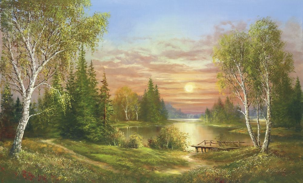 Helmut Glassl, Gorgeous Sunset (Malerei, Landschaften, Natur, Wald, Sonnenuntergang, Flusslandschaft, Birken, Idylle, Ruhe, Bäume, Wohnzimmer, Treppenhaus, bunt)