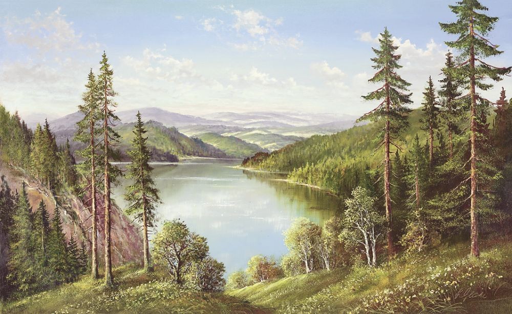 Helmut Glassl, HIGH MOUNTAIN LAKE (Malerei, Landschaften, Natur, Hügel, Seelandschaft, See, Idylle, Ruhe, Bäume, Wohnzimmer, Treppenhaus, bunt)