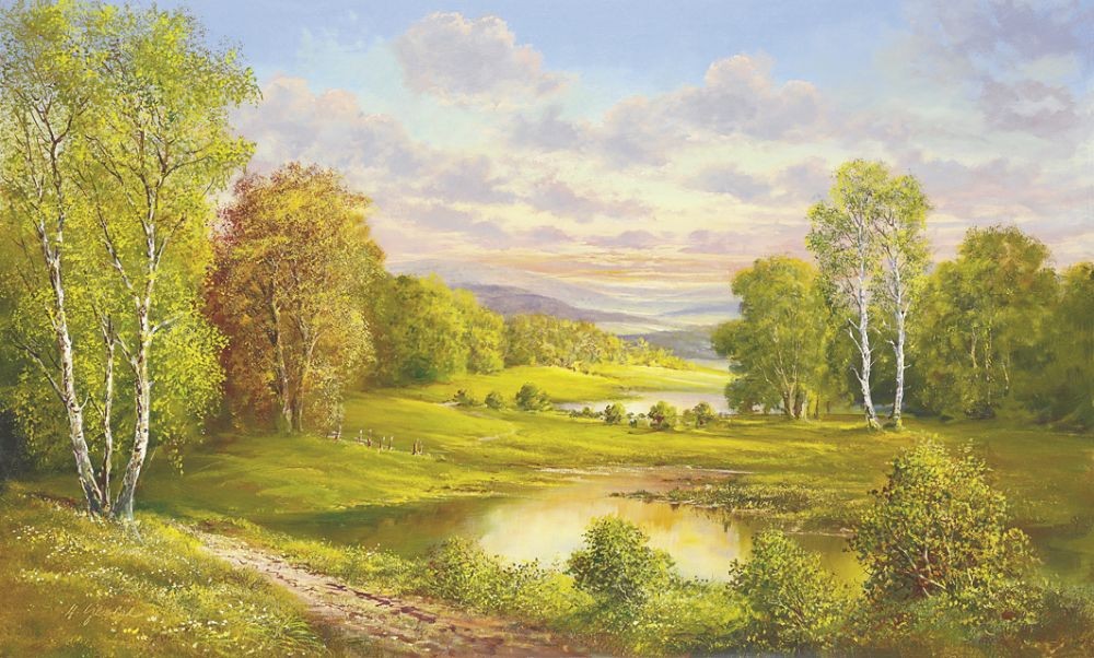 Helmut Glassl, IDYLLIC SCENE (Malerei, Landschaften, Natur, Hügel, Seelandschaft, See, Birken, Idylle, Ruhe, Bäume, Wohnzimmer, Treppenhaus, bunt)