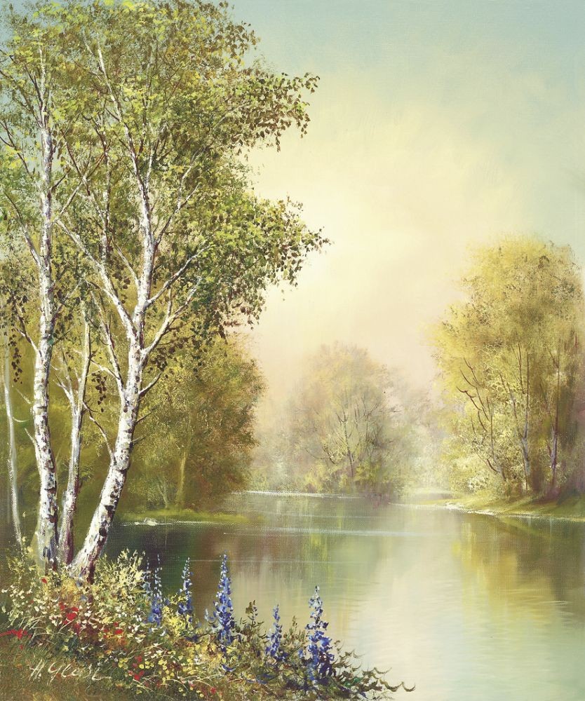 Helmut Glassl, JOSEPH'S FAVOURITE I (Malerei, Landschaften, Natur, Flusslandschaft, Seelandschaft, See, Birken, Idylle, Ruhe, Blumen, Rittersporn, Bäume, Wohnzimmer, Treppenhaus, bunt)
