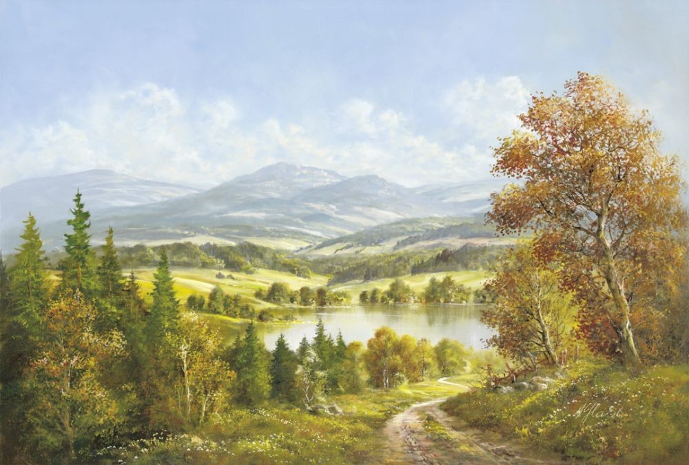 Helmut Glassl, LAKE DISTRICT (Malerei, Landschaften, Natur, Hügel, Seelandschaft, See, Wanderweg, Birken, Idylle, Herbst, Ruhe, Bäume, Wohnzimmer, Treppenhaus, bunt)