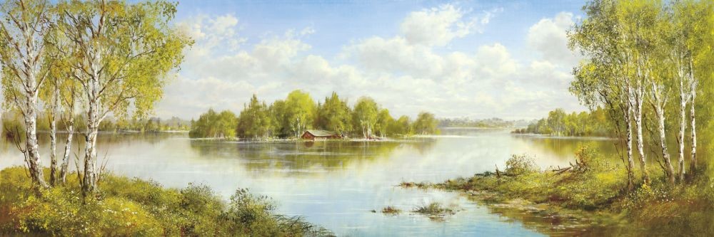 Helmut Glassl, LAKE IN MASUREN II (Malerei, Landschaften, Natur, Seelandschaft, See, Birken, Idylle, Ruhe, Bäume, Einsamkeit, Masuren, Polen, Wohnzimmer, Treppenhaus, bunt)