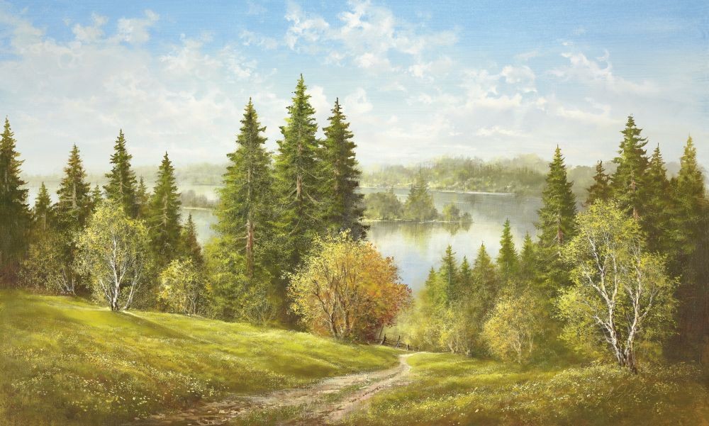 Helmut Glassl, LAKE NEAR CERNIVCI (Malerei, Landschaften, Natur, Hügel, Seelandschaft, See, Czernowitsch, Ukraine, Wanderweg, Einsamkeit, Idylle, Ruhe, Bäume, Wohnzimmer, Treppenhaus, bunt)