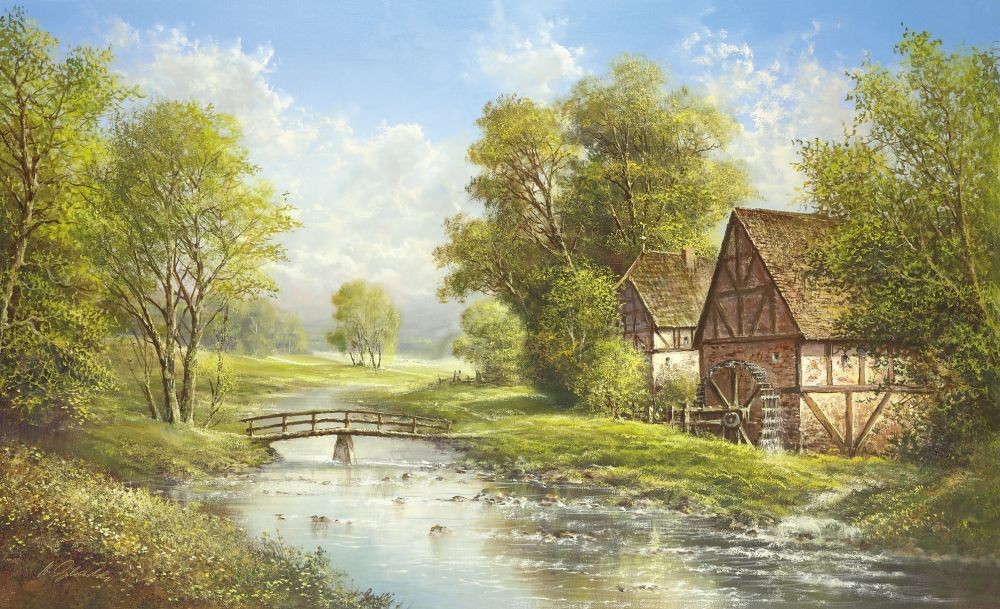 Helmut Glassl, MILL AT THE RIVER (Malerei, Landschaften, Natur, Flusslandschaft,Fluss, Mühle, Wassermühle, Holzbrücke, Einsamkeit, Idylle, Ruhe, Bäume, Wohnzimmer, Treppenhaus, bunt)