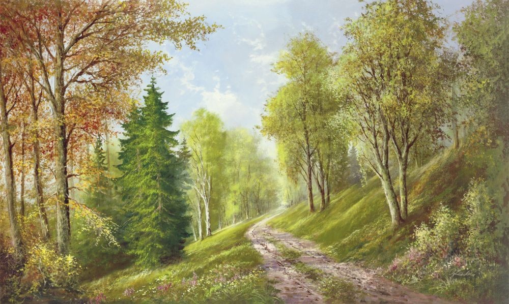 Helmut Glassl, MOUNTAIN PATH (Malerei, Landschaften, Natur, Berge, Hügel, Wanderweg, Bäume, Einsamkeit, Idylle, Schlafzimmer, Wohnzimmer, bunt)